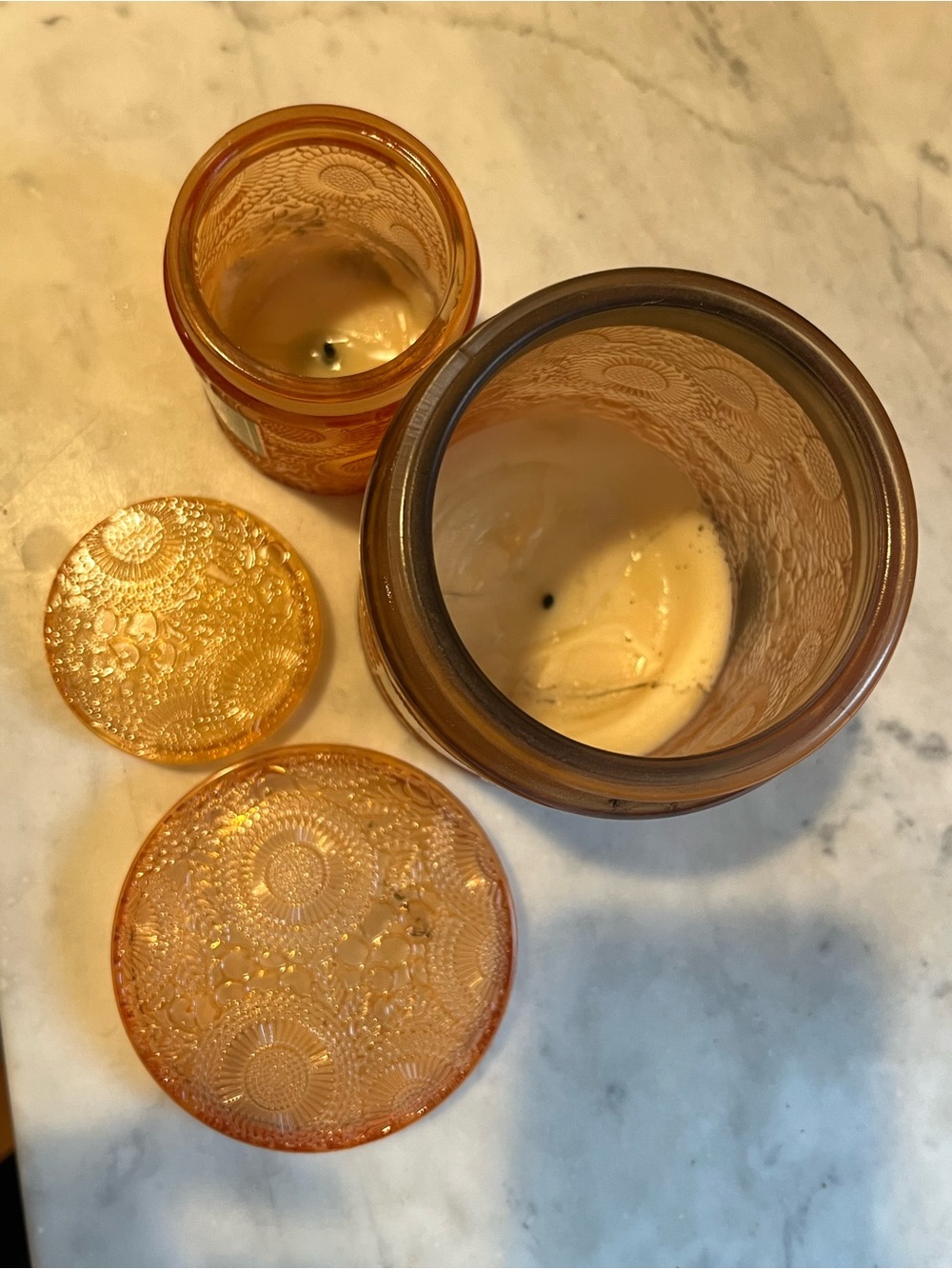 2 Amber Candle Jar w/Decorative Lids. Empty vessels only was Pumpkin Spice.